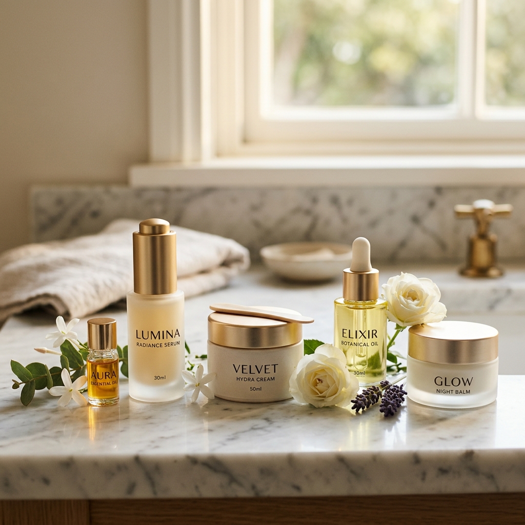 Skincare treatment products arranged on a marble counter